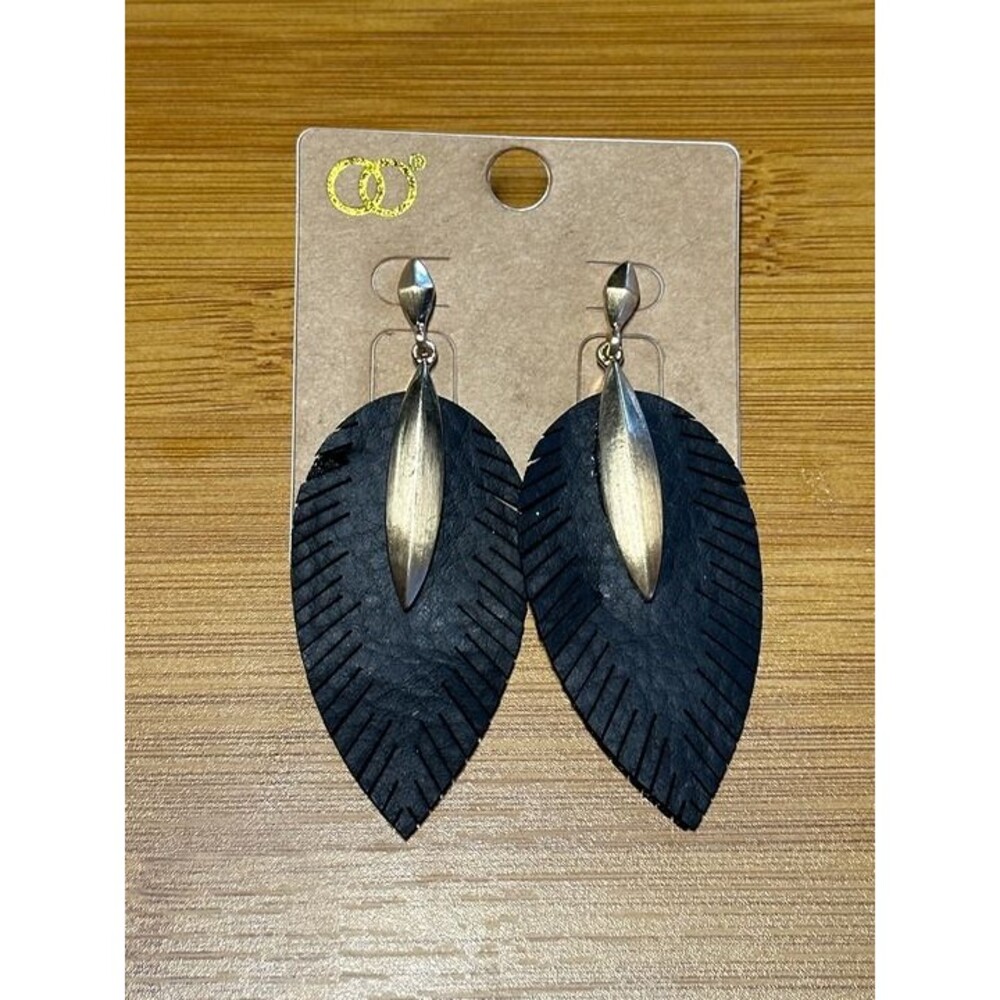 Black Feather Leaf Leather Drop Earrings Gold Marquise Accent Boho Style New